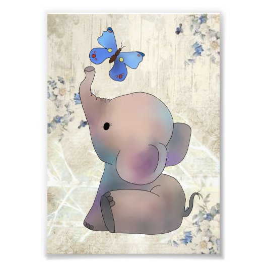 Elefant mit Schmetterling vintage Foto Afdruk (Voorkant)
