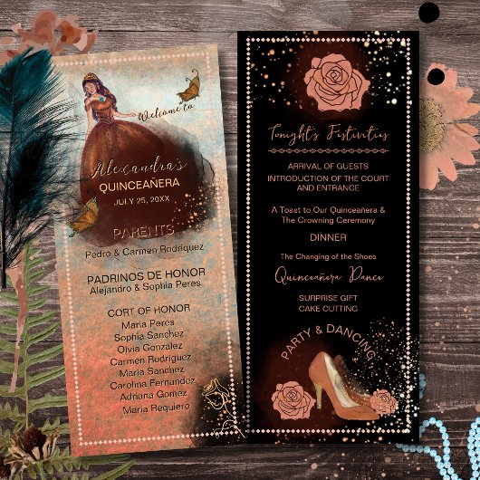 ElegaLuxe Metallic Koper Quinceanera Programma Programmakaart