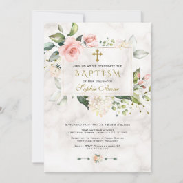 Elegan Blush Pink Floral Marble Gold Cross Baptism Kaart