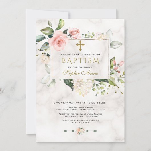 Elegan Blush Pink Floral Marble Gold Cross Baptism Kaart (Voorkant)