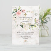 Elegan Blush Pink Floral Marble Gold Cross Baptism Kaart (Staand voorkant)