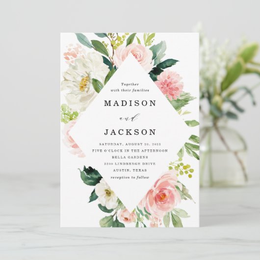 Elegan Blush Roze en Wit Bloemen Lijst Bruiloft Kaart (Staand voorkant)