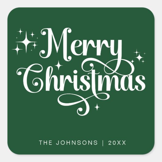 Elegan Green Merry Christmas Retro Script Aangepas Vierkante Sticker (Voorkant)