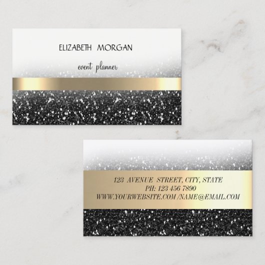 Elegan Modern Black Glittery Bokeh, Gold Stripes Visitekaartje (Voorkant / Achterkant)