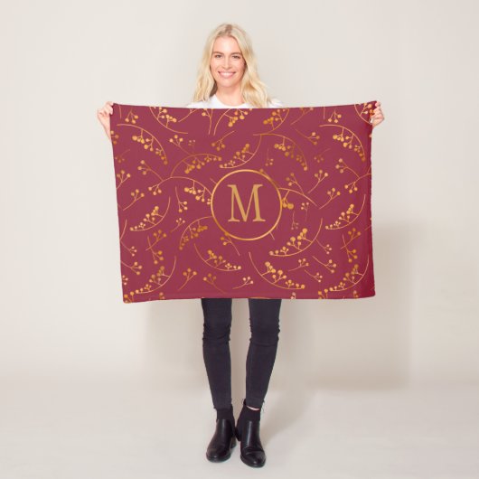 Elegan monogram goudbessen marsala roze patroon fleece deken (In situ)