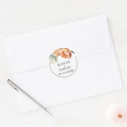 Elegan perzik pioen bloemen bloemenbruiloft ronde sticker (Envelop)
