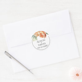 Elegan perzik pioen bloemen bloemenbruiloft ronde sticker