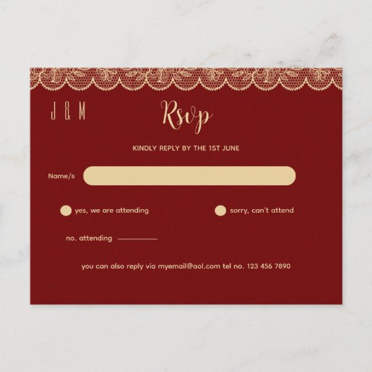Elegan Rood Goud Kant Bruiloft RSVP Voor Matching  Briefkaart (Voorkant)