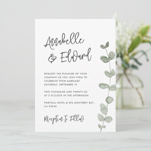 Elegan Wedding eucalyptus details, uitnodiging chi (Staand voorkant)