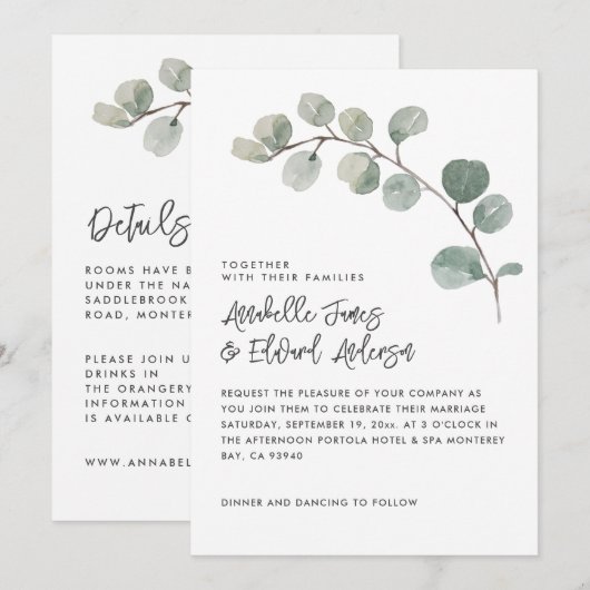 Elegan Wedding eucalyptus details, uitnodiging chi (Voorkant / Achterkant)