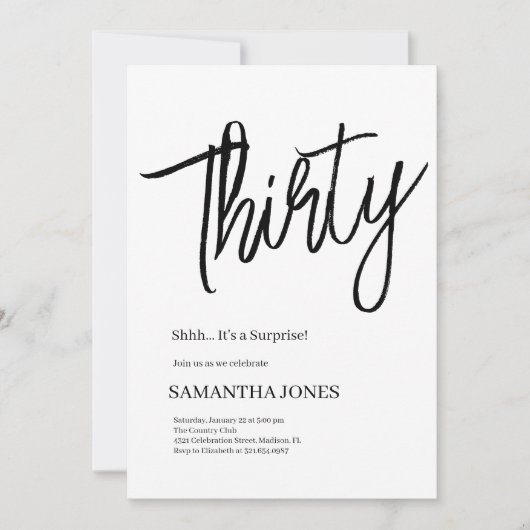 Elegan Wit en Zwart Dertig 30ste Verjaardag Party Kaart (Voorkant)