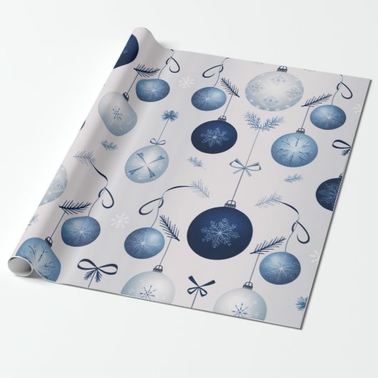 Elegance blauw en wit kerstpatroon cadeaupapier (Uitgerold)