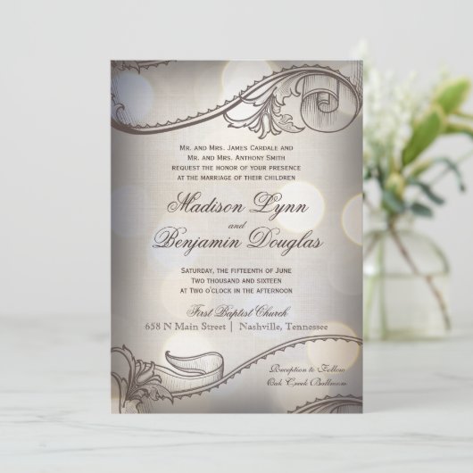 Elegance Bokeh Rustic Wedding Invitations Kaart (Staand voorkant)