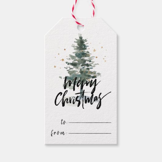 Elegance Brush Script Merry Kerstmis & Pine Tree Cadeaulabel (Voorkant)
