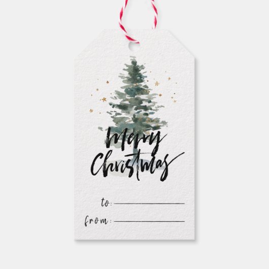 Elegance Brush Script Merry Kerstmis & Pine Tree Cadeaulabel (Achterkant)