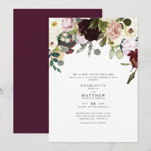 Elegance Dusty Roos & Burgundy Floral Wedding Kaart (Voorkant / Achterkant)