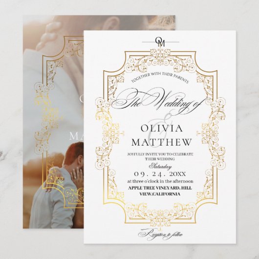 Elegance Goud & Wit Fotobruiloft Kaart (Voorkant / Achterkant)