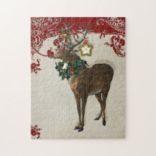  Elegance Kerstmis Deer Antlers Damask Legpuzzel