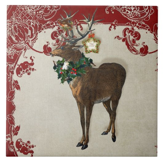  Elegance Kerstmis Deer Antlers Damask Tegeltje (Voorkant)