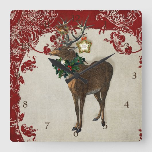  Elegance Kerstmis Deer Antlers Damask Vierkante Klok (Voorkant)