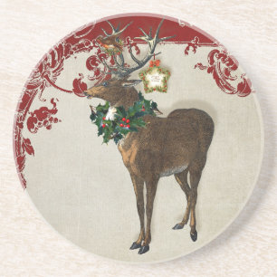 Elegance Kerstmis Deer Antlers Damask Zandsteen Onderzetter