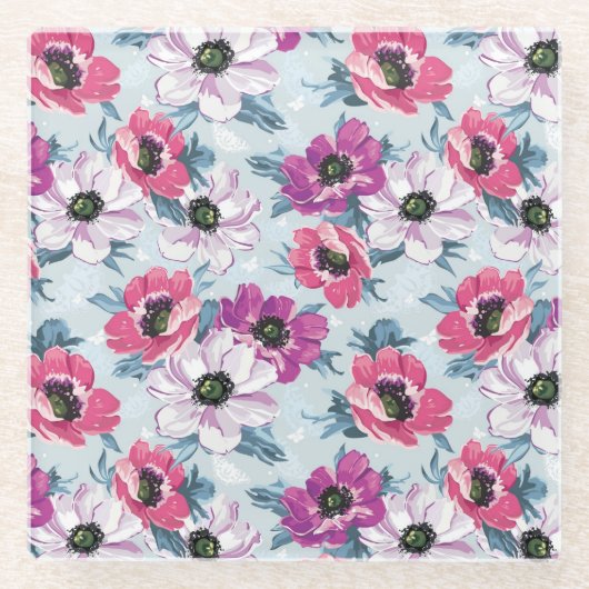 Elegance kleurenbloemen patroon op blauw glazen onderzetter (Voorkant)