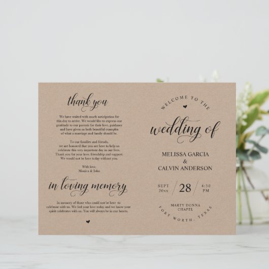 Elegance Kraft Wedding Ceremonie, Foldable Program (Staand voorkant)