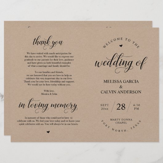 Elegance Kraft Wedding Ceremonie, Foldable Program (Voorkant / Achterkant)