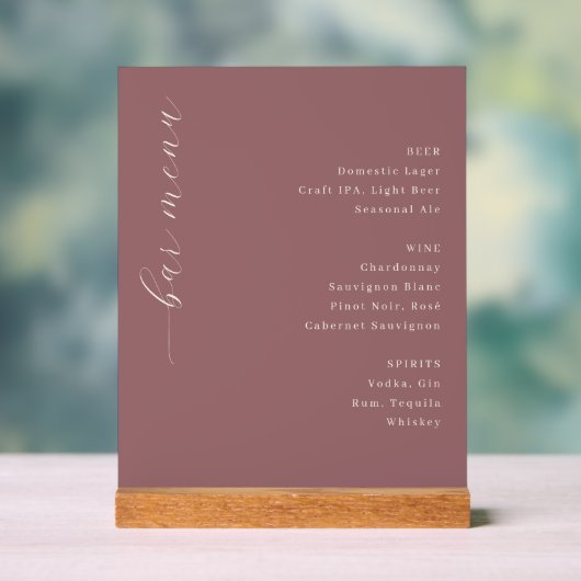 Elegance Maroon Calligraphy Bar Menu Acryl Bord (Neutraal)