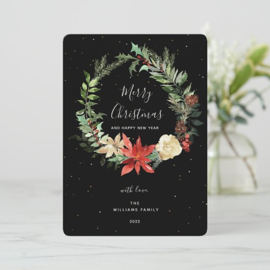 Elegance Merry kerst Wreath Black Golden Card Bedankkaart (Staand voorkant)
