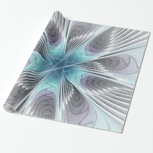 Elegance Modern Blue Grey White Fractal Art Flower Cadeaupapier