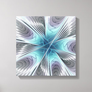 Elegance Modern Blue Grey White Fractal Art Flower Canvas Afdruk