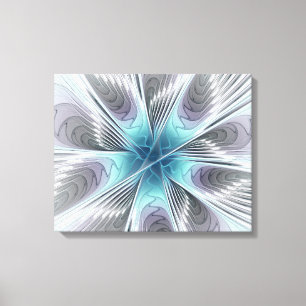 Elegance Modern Blue Grey White Fractal Art Flower Canvas Afdruk