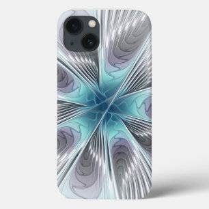 Elegance Modern Blue Grey White Fractal Art Flower iPhone 13 Hoesje