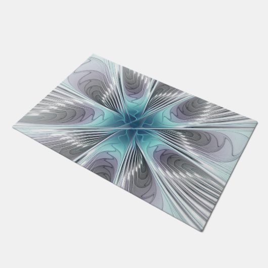 Elegance Modern Blue Grey White Fractal Art Flower Deurmat (Schuin)