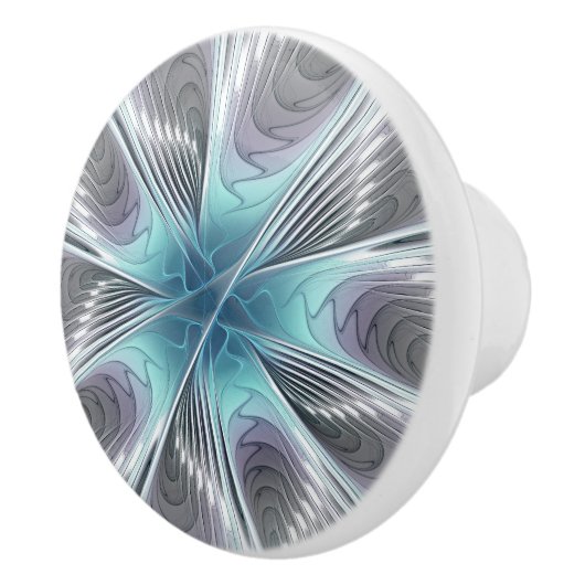 Elegance Modern Blue Grey White Fractal Art Flower Keramische Knop (Rechts)