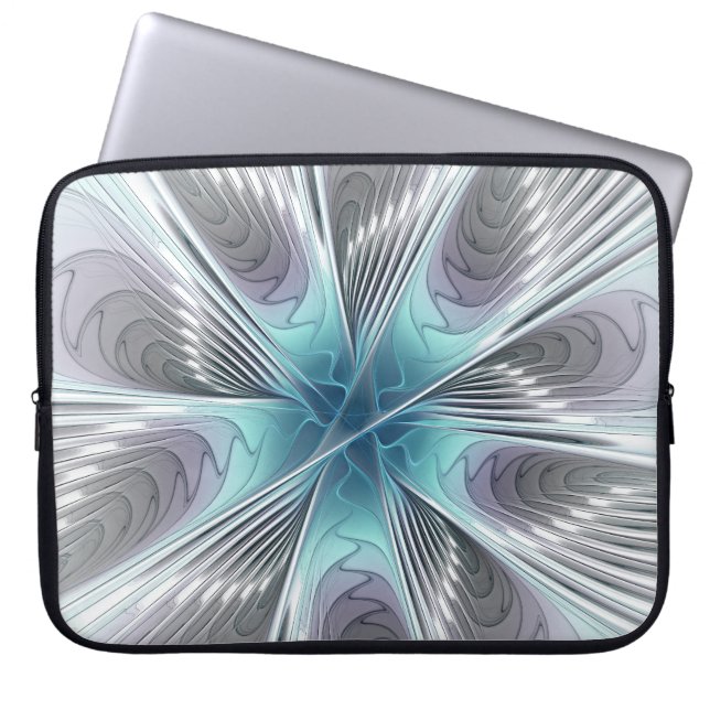 Elegance Modern Blue Grey White Fractal Art Flower Laptop Sleeve (Voorkant)