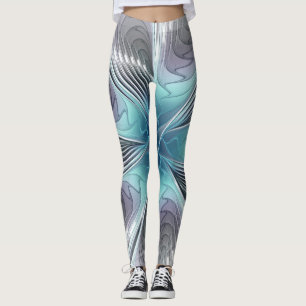 Elegance Modern Blue Grey White Fractal Art Flower Leggings
