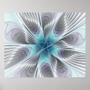 Elegance Modern Blue Grey White Fractal Art Flower Poster