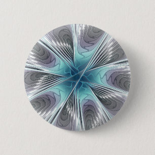 Elegance Modern Blue Grey White Fractal Art Flower Ronde Button 5,7 Cm