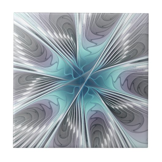 Elegance Modern Blue Grey White Fractal Art Flower Tegeltje (Voorkant)
