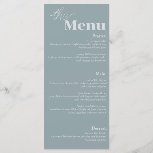 Elegance & Modern Flair Dusty Blue Wedding Menu (Achterkant)