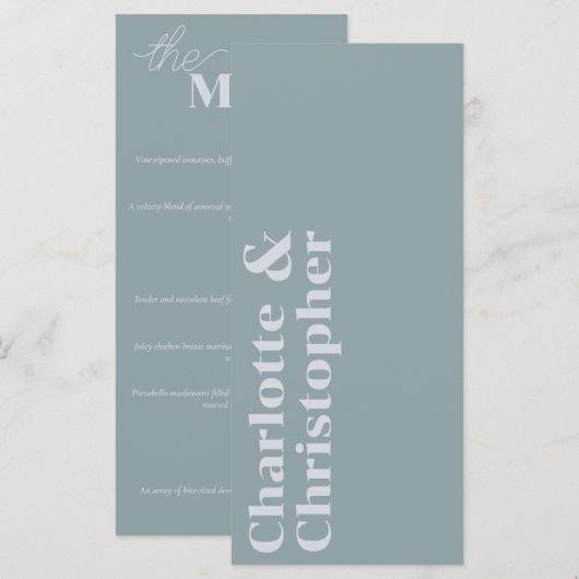 Elegance & Modern Flair Dusty Blue Wedding Menu (Voorkant / Achterkant)