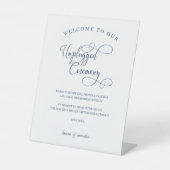 Elegance Navy Blue Script Unplugged Ceremony Reclamebord Met Voetstuk (Voorkant)
