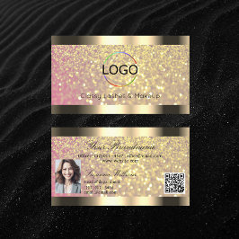 Elegance Pink Gold Glitter Logo Foto en QR Code Visitekaartje