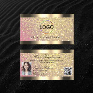 Elegance Pink Gold Glitter Logo Foto en QR Code Visitekaartje