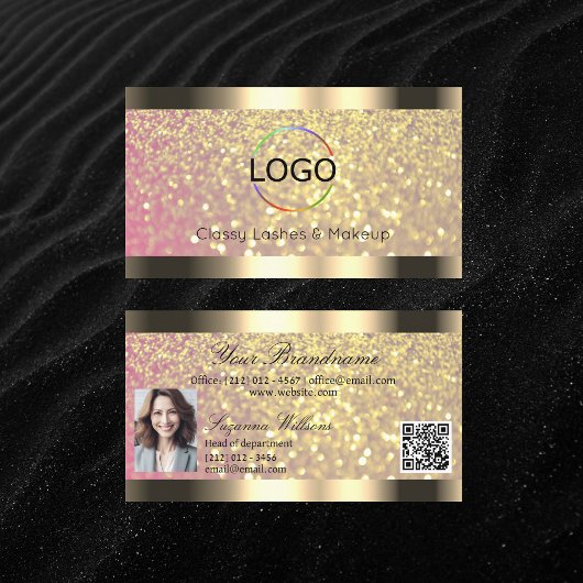 Elegance Pink Gold Glitter Logo Foto en QR Code Visitekaartje