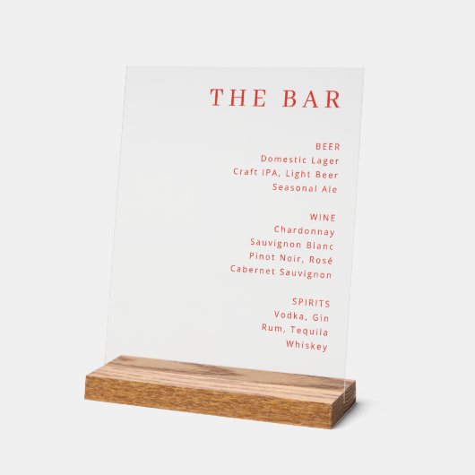 Elegance Red Text Bar Menu Acryl Bord (Hoek)