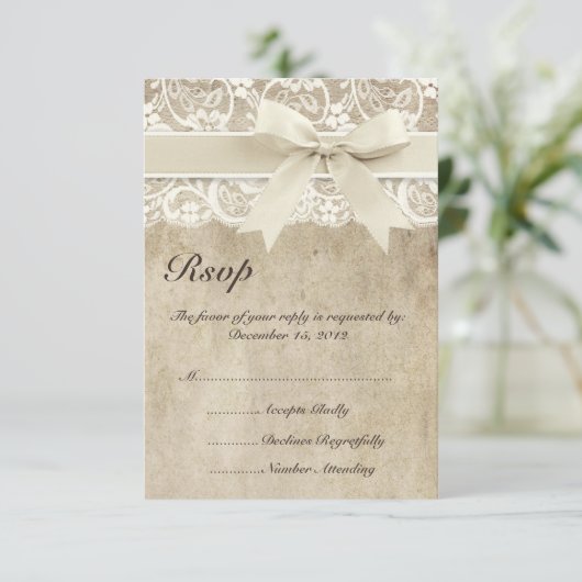  Elegance Ribbon op Lace Wedding RSVP-kaart RSVP Kaartje (Staand voorkant)