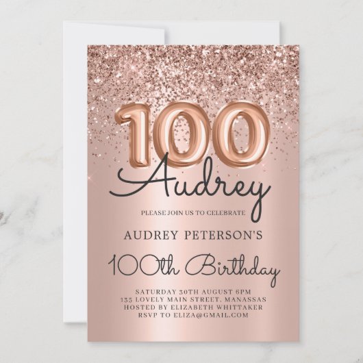 Elegance Roos Gouden Glitter Ballon 100e Verjaarda Kaart (Voorkant)